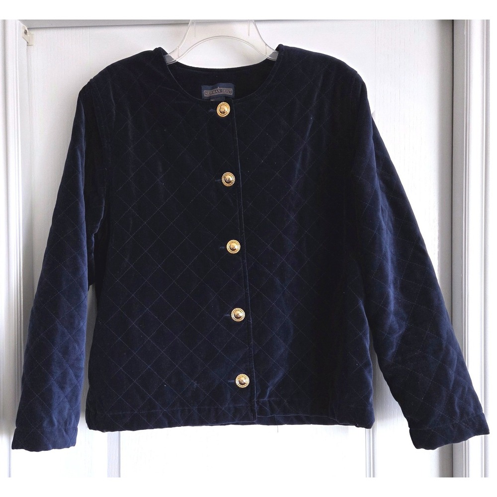 VTG Herman Geist Sapphire Blue Quilted Velvet Jacket Gold Buttons‎ Size L Luxury